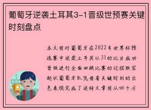 葡萄牙逆袭土耳其3-1晋级世预赛关键时刻盘点