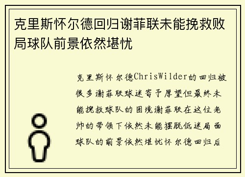 克里斯怀尔德回归谢菲联未能挽救败局球队前景依然堪忧